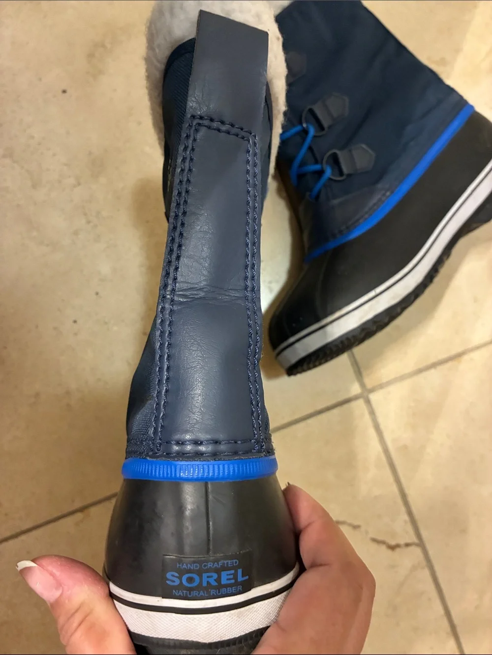 Sorel Black/Blue Yoot PAC Nylon Winter Boots White Fleece Cuff Sz 7